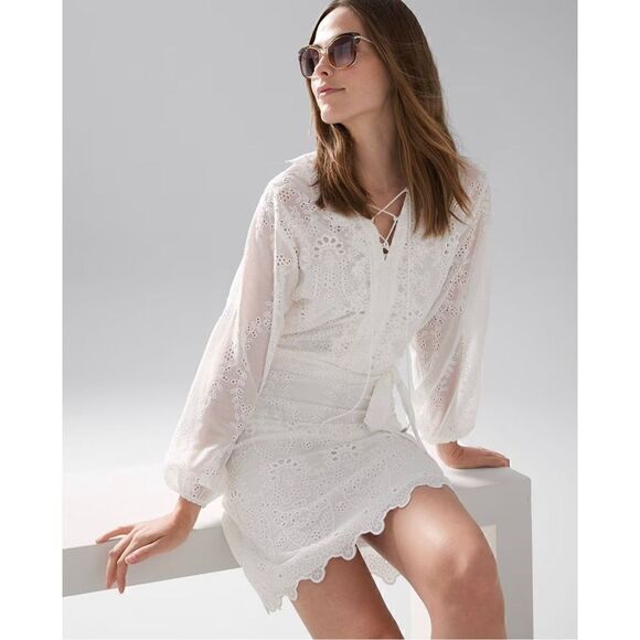 Long-Sleeve White Eyelet Dress-NWT  - Picture 2 of 4